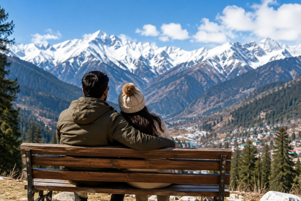 Couple enjoying a scenic mountain viewpoint during a Kashmir honeymoon trip