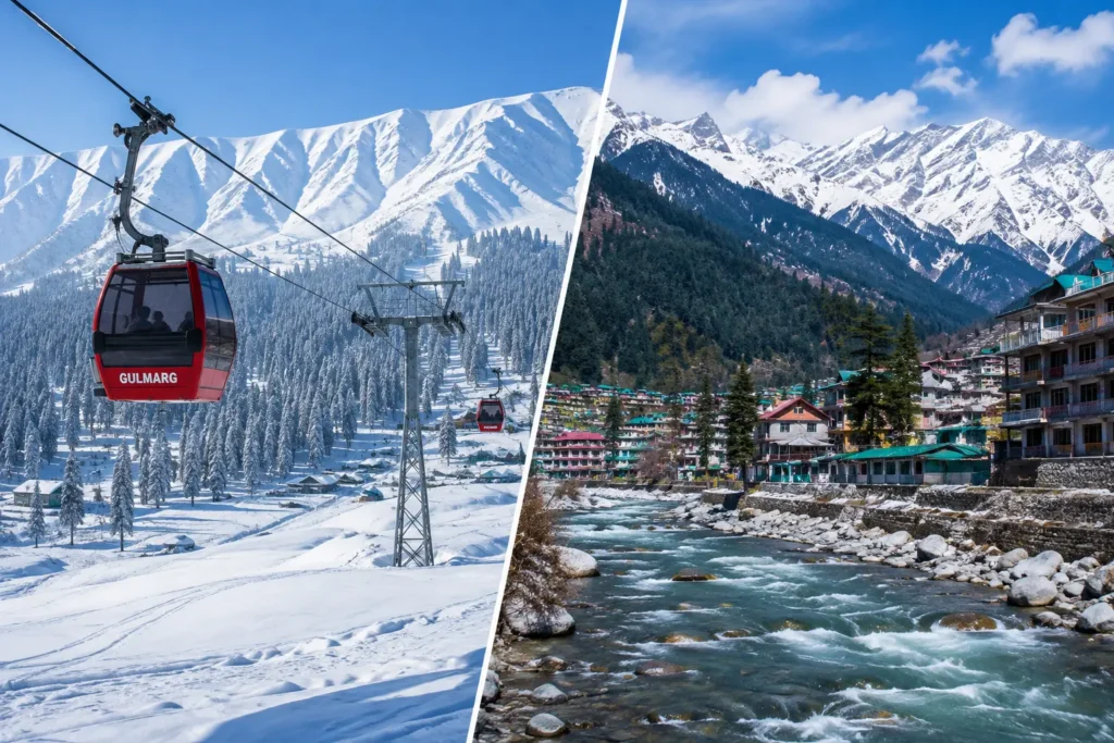 Gulmarg and Manali, two of the top snowfall places in India for winter 2026