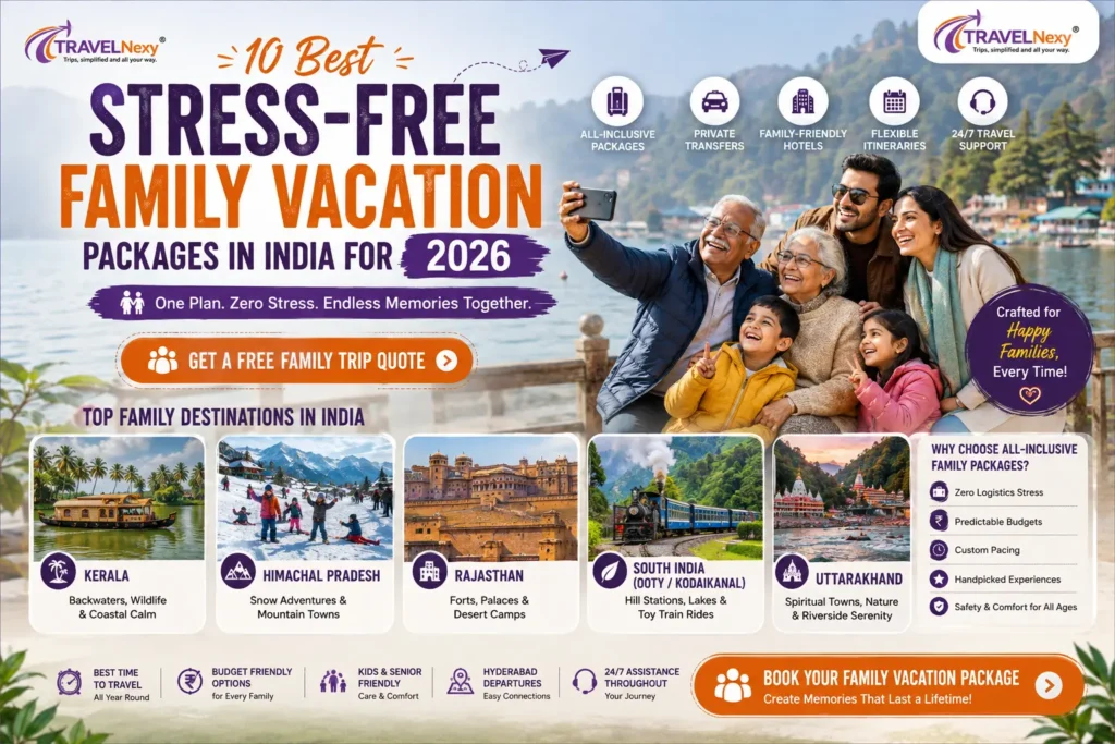 TravelNexy stress-free family vacation packages in India featuring Kerala, Himachal Pradesh, Rajasthan, South India, and Uttarakhand