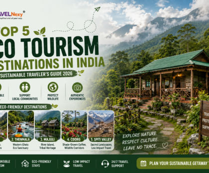 Traditional eco-friendly wooden cottage surrounded by dense green forest and mist in Sikkim India