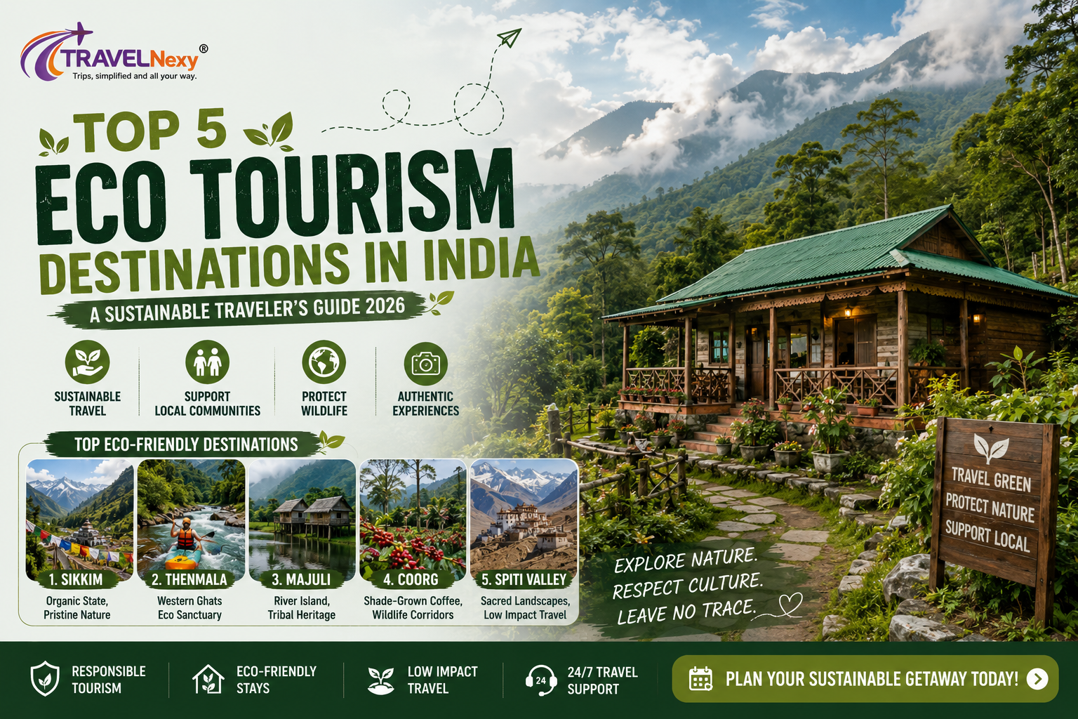 Traditional eco-friendly wooden cottage surrounded by dense green forest and mist in Sikkim India
